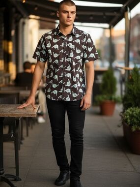 Men's Short-Sleeve Dark Blue Print Shirt - Casual Button-Up